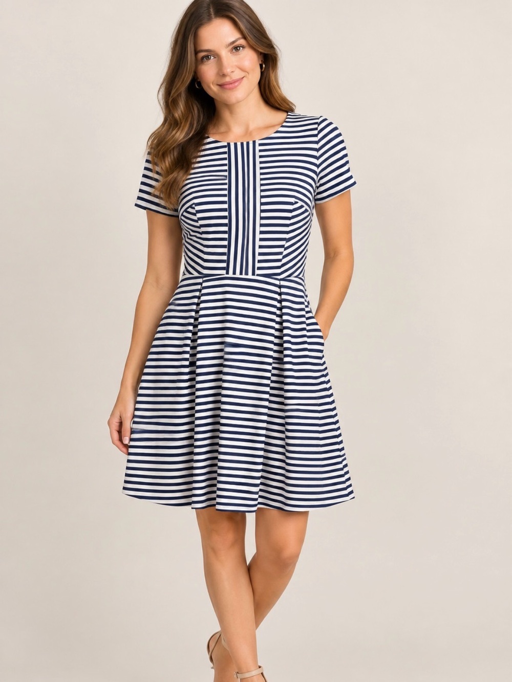 Alyx Navy and White Striped Short Sleeve Fit-and-Flare Dress Size 8
